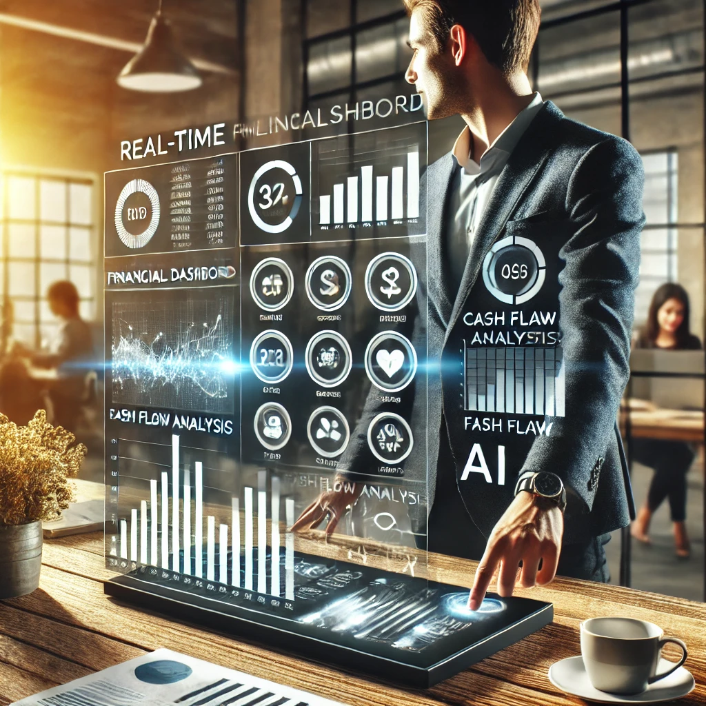 Ondernemer bekijkt AI-gestuurd financieel dashboard