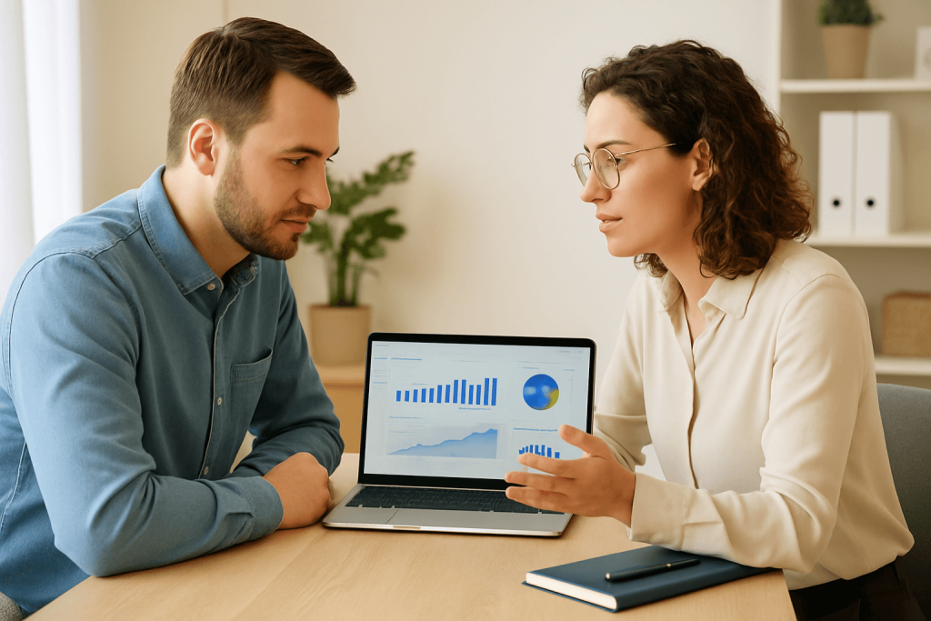 Ondernemer in gesprek met financieel adviseur over bedrijfsresultaten op laptopdashboard. Van administratiekantoor naar groeipartner.